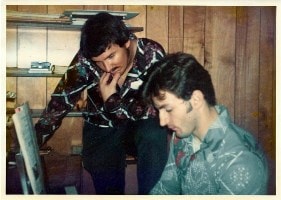 Dan learning keyboard harmony with instructor Mitch Rudy at Syracuse University