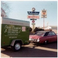 Dan Damon's keyboard orchestra trailer at the Palomino Motel — on the road capturing dreams